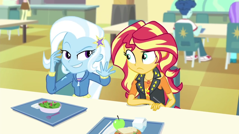 Size: 1280x720 | Tagged: safe, derpibooru import, screencap, sunset shimmer, trixie, equestria girls, equestria girls series, forgotten friendship, food