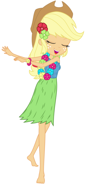 Size: 3000x6612 | Tagged: safe, artist:discorded, derpibooru import, edit, applejack, human, equestria girls, shake your tail, barefoot, clothes, feet, flower, grass skirt, hawaiian, hawaiian flower in hair, hula, hulajack, humanized, lei, simple background, skirt, solo, transparent background, vector