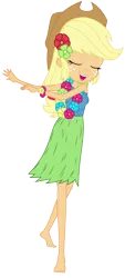 Size: 3000x6612 | Tagged: safe, artist:discorded, derpibooru import, edit, applejack, human, equestria girls, shake your tail, barefoot, clothes, feet, flower, grass skirt, hawaiian, hawaiian flower in hair, hula, hulajack, humanized, lei, simple background, skirt, solo, transparent background, vector