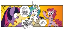 Size: 1825x878 | Tagged: safe, artist:nekoshiei, color edit, derpibooru import, edit, editor:anonycat, seven seas, pinkie pie, princess celestia, twilight sparkle, alicorn, earth pony, my little pony: the manga, my little pony: the manga volume 2, spoiler:manga, spoiler:manga2, colored, cropped, dialogue, female, mare, open mouth, sack, speech bubble