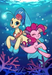 Size: 1470x2140 | Tagged: artist:ikirunosindo, bubble, coral, cute, derpibooru import, diapinkes, duo, eyelashes, female, fins, fish tail, flower, flower in hair, looking at you, my little pony: the movie, open mouth, pinkie pie, princess skystar, safe, seaponified, seapony (g4), seapony pinkie pie, skyabetes, smiling, species swap, swimming, underwater, water