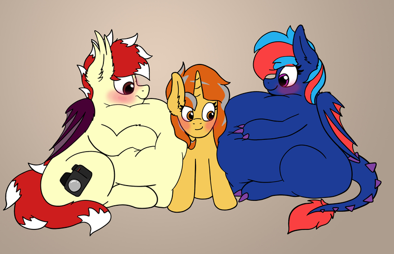 Size: 3000x1935 | Tagged: questionable, artist:aaathebap, derpibooru import, oc, oc:aaaaaaaaaaa, oc:centreus feathers, oc:cinderheart, unofficial characters only, bat pony, dracony, dragon, hybrid, pony, unicorn, belly, belly on floor, big belly, bisexual, blank flank, blushing, blushing profusely, commission, cute, cutie mark, demi-god, fat, fat fetish, female, fetish, hoof on belly, hoofclaw, huge belly, impossibly large belly, male, mare, round belly, simple background, sitting, smiling, squished, stallion, this will end in snu snu, trio