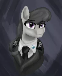 Size: 2480x3055 | Tagged: safe, artist:tekggd, derpibooru import, octavia melody, changeling, earth pony, pony, equestria at war mod, bust, clothes, female, gray background, mare, military uniform, necktie, portrait, simple background, solo, uniform