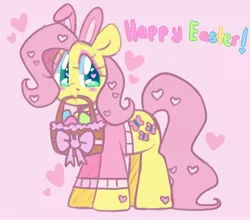 Size: 2877x2535 | Tagged: safe, artist:bunxl, derpibooru import, fluttershy, pegasus, pony, basket, bunny ears, clothes, cute, easter, easter basket, easter egg, heart, heart eyes, holiday, mouth hold, pink background, shyabetes, simple background, solo, text, wingding eyes