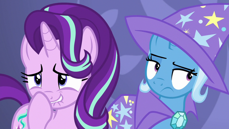 Size: 1280x720 | Tagged: celestial advice, derpibooru import, duo, safe, screencap, starlight glimmer, stifling laughter, trixie