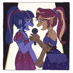 Size: 2048x2048 | Tagged: safe, artist:chapaghettii, derpibooru import, sci-twi, sunset shimmer, twilight sparkle, equestria girls, clothes, dress, female, fishnets, holding hands, lesbian, microphone, ponytail, scitwishimmer, scrunchie, shipping, spotlight, sunsetsparkle