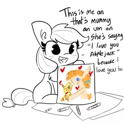 Size: 2250x2250 | Tagged: safe, artist:tjpones, derpibooru import, applejack, pear butter, earth pony, pony, comic:fillies, abple, applebetes, bittersweet, blank flank, crayon, crayon drawing, cute, dialogue, drawing, feels, female, filly, freckles, heart, hnnng, jackabetes, mare, picture, simple background, solo, tjpones is trying to murder us, tooth gap, traditional art, weapons-grade cute, white background, wholesome, younger