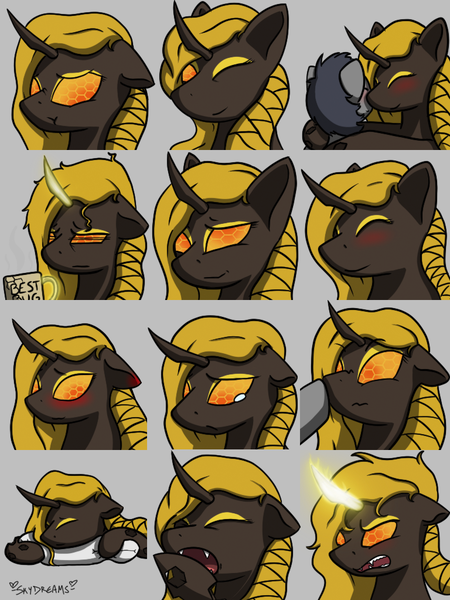 Size: 768x1024 | Tagged: angry, artist:skydreams, blushing, blushing ears, boop, changeling, changeling queen, changeling queen oc, coffee mug, commission, crying, derpibooru import, embarrassed, emoji, emotes, eyeliner, fangs, female, glowing horn, happy, hexagon, horn, hug, makeup, messy mane, mug, oc, oc:queen ceropali, one eye closed, pillow, pouting, safe, scrunchy face, sleeping, smiling, smirk, snarling, wasp changeling, wink, yawn, yellow changeling