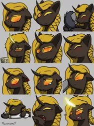 Size: 768x1024 | Tagged: angry, artist:skydreams, blushing, blushing ears, boop, changeling, changeling queen, changeling queen oc, coffee mug, commission, crying, derpibooru import, embarrassed, emoji, emotes, eyeliner, fangs, female, glowing horn, happy, hexagon, horn, hug, makeup, messy mane, mug, oc, oc:queen ceropali, one eye closed, pillow, pouting, safe, scrunchy face, sleeping, smiling, smirk, snarling, wasp changeling, wink, yawn, yellow changeling