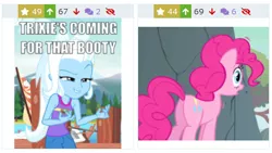 Size: 435x245 | Tagged: suggestive, derpibooru import, edit, edited screencap, editor:melisareb, screencap, pinkie pie, trixie, earth pony, pony, derpibooru, equestria girls, feeling pinkie keen, legend of everfree, balloonbutt, butt, female, juxtaposition, mare, meta, plot, this will end in pain, this will not end well