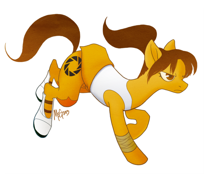 Size: 900x768 | Tagged: safe, artist:megsyv, derpibooru import, ponified, earth pony, pony, aperture science, chell, female, mare, ponytail, portal (valve), simple background, solo, transparent background