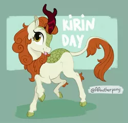 Size: 2048x1972 | Tagged: safe, artist:aanotherpony, derpibooru import, autumn blaze, kirin, female, head turn, kirin day, looking at you, raised hoof, solo, standing, tongue out