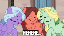 Size: 1280x720 | Tagged: safe, derpibooru import, edit, edited screencap, editor:jaredking203, screencap, dear darling, fond feather, swoon song, earth pony, pegasus, pony, unicorn, hard to say anything, bimbettes, caption, eyes closed, female, image macro, mare, meme, one eye closed, open mouth, text, trio, wink