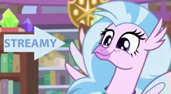 Size: 1050x580 | Tagged: caption arrow, cute, derpibooru import, diastreamies, edit, edited screencap, nickname, safe, screencap, silverstream, solo, what lies beneath