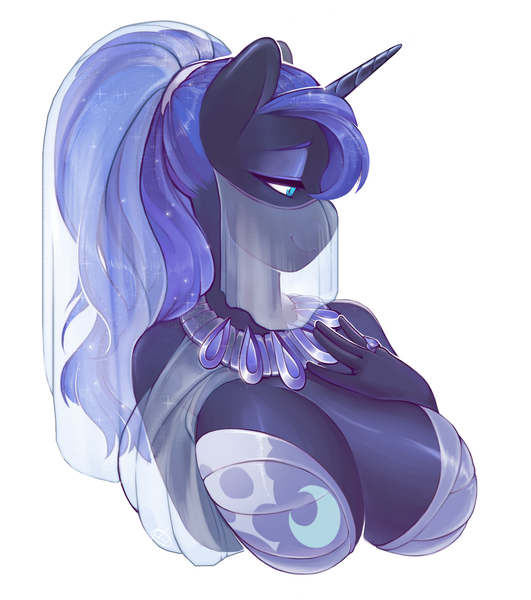 Size: 2875x3247 | Tagged: absolute cleavage, alicorn, alternate hairstyle, anthro, artist:yamayuka, belly dancer, big breasts, breasts, bust, busty princess luna, cleavage, derpibooru import, female, harem outfit, head dress, jewelry, long hair, necklace, ponytail, princess luna, ring, simple background, solo, solo female, suggestive, veil, white background