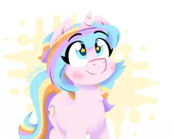 Size: 1250x1000 | Tagged: safe, artist:glimglam, derpibooru import, oc, oc:oofy colorful, unofficial characters only, pony, unicorn, abstract background, blushing, chest fluff, eye clipping through hair, female, horn, lineless, looking up, mare, simple background, solo, starry eyes, three quarter view, white background, wingding eyes