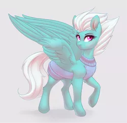 Size: 2137x2080 | Tagged: safe, artist:nightskrill, derpibooru import, fleetfoot, pegasus, pony, backless, clothes, cute, diafleetes, ear fluff, female, gray background, high res, leg fluff, looking at you, mare, open-back sweater, raised hoof, simple background, sleeveless, sleeveless sweater, solo, spread wings, stupid sexy fleetfoot, sweater, tsp bait, virgin killer sweater, wings