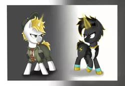 Size: 4939x3373 | Tagged: safe, artist:waffletheheadmare, derpibooru import, oc, oc:high voltage, oc:thunderstruck, unofficial characters only, pony, unicorn, ac/dc, bag, black hair, blonde hair, bolt, boots, clothes, cutie mark, duo, eyelashes, female, gold, half-closed eyes, hat, jewelry, magic, mare, necklace, necktie, shadow, shadows, shirt, shoes, short hair, simple background, smiling, socks, sweater, thunder, tongue out, turtleneck, vest, zap