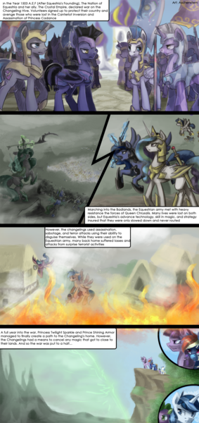 Size: 1800x3813 | Tagged: safe, artist:aschenstern, derpibooru import, princess celestia, princess luna, queen chrysalis, rainbow dash, shining armor, twilight sparkle, twilight sparkle (alicorn), alicorn, changeling, pony, comic:flurry and stag, comic, female, fire, magic, male, mare, stallion