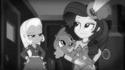 Size: 1280x720 | Tagged: safe, derpibooru import, screencap, rarity, spike, spike the regular dog, trixie, dog, equestria girls, equestria girls series, rarity investigates: the case of the bedazzled boot, monochrome