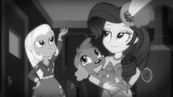 Size: 1280x720 | Tagged: safe, derpibooru import, screencap, rarity, spike, spike the regular dog, trixie, dog, equestria girls, equestria girls series, rarity investigates: the case of the bedazzled boot, monochrome