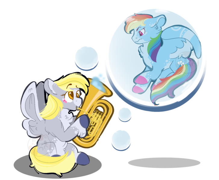 Size: 1280x1056 | Tagged: safe, artist:kiwi4578, derpibooru import, derpy hooves, rainbow dash, pegasus, pony, bubble, duo, in bubble, musical instrument, simple background, transparent background, tuba