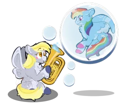 Size: 1280x1056 | Tagged: safe, artist:kiwi4578, derpibooru import, derpy hooves, rainbow dash, pegasus, pony, bubble, duo, in bubble, musical instrument, simple background, transparent background, tuba