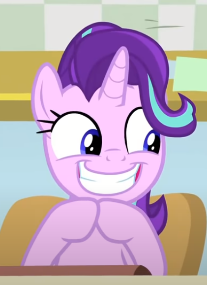 Size: 421x579 | Tagged: a horse shoe-in, big smile, chair, cropped, cute, derpibooru import, desk, glimmerbetes, hooves together, safe, screencap, sitting, smiling, solo, starlight glimmer