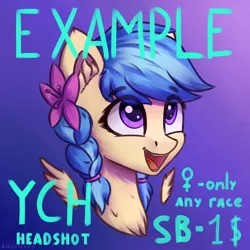 Size: 3000x3000 | Tagged: safe, artist:adagiostring, derpibooru import, oc, oc:jeppesen, unofficial characters only, pegasus, pony, auction, braid, bust, commission, cute, flower, flower in hair, pegasus oc, portrait, purple eyes, wings, your character here