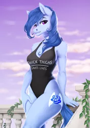 Size: 2893x4092 | Tagged: safe, artist:kyotokisha15, derpibooru import, oc, oc:raylanda, unofficial characters only, anthro, earth pony, anthro oc, clothes, cloud, cutie mark, female, looking at you, mare, muscles, one-piece swimsuit, sexy, sky, smiling, solo, swimsuit