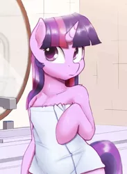 Size: 701x960 | Tagged: safe, artist:spectre-z, derpibooru import, edit, twilight sparkle, semi-anthro, unicorn, bathroom, colored pupils, cropped, cute, female, mirror, shoulder fluff, solo, towel, twiabetes, unicorn twilight