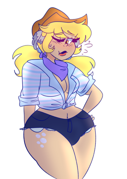 Size: 500x705 | Tagged: applejack's hat, artist:cubbybatdoodles, blushing, breasts, clothes, cowboy hat, cutie mark on human, derpibooru import, derpy hooves, ditzy doo, female, hat, human, humanized, one eye closed, shorts, simple background, solo, stetson, suggestive, transparent background, wing ears