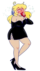 Size: 548x960 | Tagged: artist:cubbybatdoodles, blushing, breasts, clothes, derpibooru import, derpy hooves, ditzy doo, dress, drinking, drunk, drunkerpy, high heels, human, humanized, red solo cup, shoes, simple background, suggestive, transparent background, wing ears