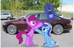 Size: 650x424 | Tagged: safe, artist:s-class-destroyer, artist:tritebristle, deleted from derpibooru, derpibooru import, berry punch, berryshine, minuette, earth pony, pony, unicorn, audi, audi a8, car, drinking, driving, magic, obligatory pony, telekinesis