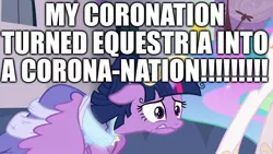 Size: 1280x720 | Tagged: safe, derpibooru import, edit, edited screencap, screencap, princess celestia, twilight sparkle, twilight sparkle (alicorn), alicorn, pony, the last problem, caption, clothes, coronation, coronation dress, coronavirus, covid-19, crown, dress, excessive exclamation marks, image macro, jewelry, pun, regalia, scared, text, upset