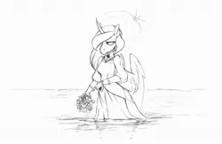 Size: 1280x835 | Tagged: alicorn, anthro, artist:skrapbox, clothes, derpibooru import, dress, monochrome, princess luna, safe, solo, water