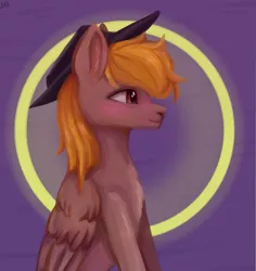 Size: 1625x1725 | Tagged: safe, artist:ske, derpibooru import, oc, oc:calamity, unofficial characters only, pegasus, pony, fallout equestria, fanfic, blushing, cowboy hat, dashite, fanfic art, hat, male, profile, sitting, stallion, wings