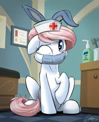 Size: 2442x3002 | Tagged: safe, artist:oinktweetstudios, derpibooru import, nurse redheart, earth pony, pony, coronavirus, covid-19, easter, face mask, fake ears, hand sanitizer, holiday, mask, one eye closed, ppe, solo, surgical mask