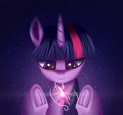 Size: 3200x3000 | Tagged: safe, artist:sanroys, derpibooru import, twilight sparkle, pony, unicorn, bust, cutie mark, element of magic, eye reflection, frog (hoof), high res, portrait, reflection, smiling, solo, starry background, underhoof, unicorn twilight