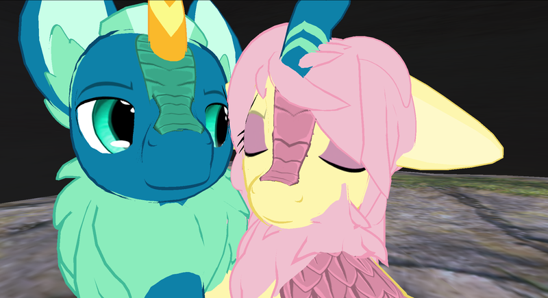 Size: 1942x1056 | Tagged: safe, artist:melimoo2000, derpibooru import, fluttershy, sky stinger, kirin, pony, 3d, big ears, chest fluff, couple, ear fluff, eyes closed, horn, kirinified, looking at each other, scales, second life, species swap