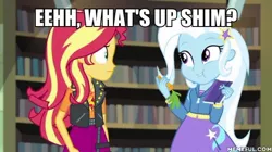 Size: 600x337 | Tagged: safe, derpibooru import, edit, edited screencap, screencap, sunset shimmer, trixie, equestria girls, equestria girls series, forgotten friendship, bugs bunny, caption, carrot, food, image macro, looney tunes, meme, roleplaying, text, trixie yells at everything