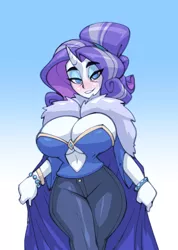 Size: 588x824 | Tagged: artist:bigdad, belly button, blushing, breasts, busty rarity, cleavage, clothes, coat, derpibooru import, horn, horned humanization, human, humanized, looking at you, mantle, older, older rarity, rarity, skunk stripe, suggestive, the last problem