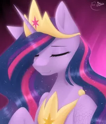 Size: 3420x3992 | Tagged: safe, artist:mix2546, derpibooru import, princess twilight 2.0, twilight sparkle, twilight sparkle (alicorn), alicorn, pony, the last problem, bust, crown, ethereal mane, eyes closed, female, jewelry, mare, peytral, portrait, regalia, signature, smiling, solo, starry mane