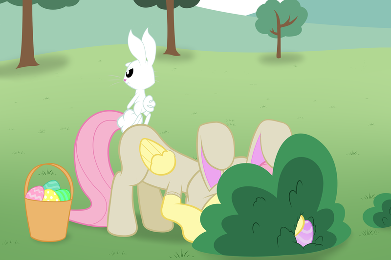 Size: 3000x2000 | Tagged: safe, artist:nitei, derpibooru import, angel bunny, fluttershy, pegasus, pony, rabbit, animal, animal costume, basket, bunny costume, clothes, costume, crouching, easter basket, easter egg, easter egg hunt, egg