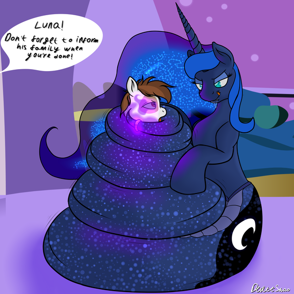 Size: 2500x2500 | Tagged: semi-grimdark, artist:devittshao, derpibooru import, pipsqueak, princess luna, lamia, original species, constriction, dialogue, female, female pred, female predator, hypnosis, imminent vore, jewelry, lamiafied, licking, licking lips, lunapip, lunapred, male, male prey, offscreen character, ring, shipping, species swap, speech bubble, stallion, story included, straight, tail, tail ring, tongue out, vore