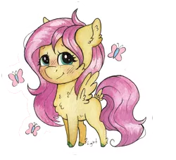 Size: 1512x1372 | Tagged: safe, artist:lightisanasshole, derpibooru import, fluttershy, butterfly, pegasus, pony, adorkable, blushing, cheek fluff, chest fluff, chibi, colored hooves, cute, dork, ear fluff, female, long hair, long mane, looking at you, redesign, shyabetes, smiling, solo, sticker, tail feathers