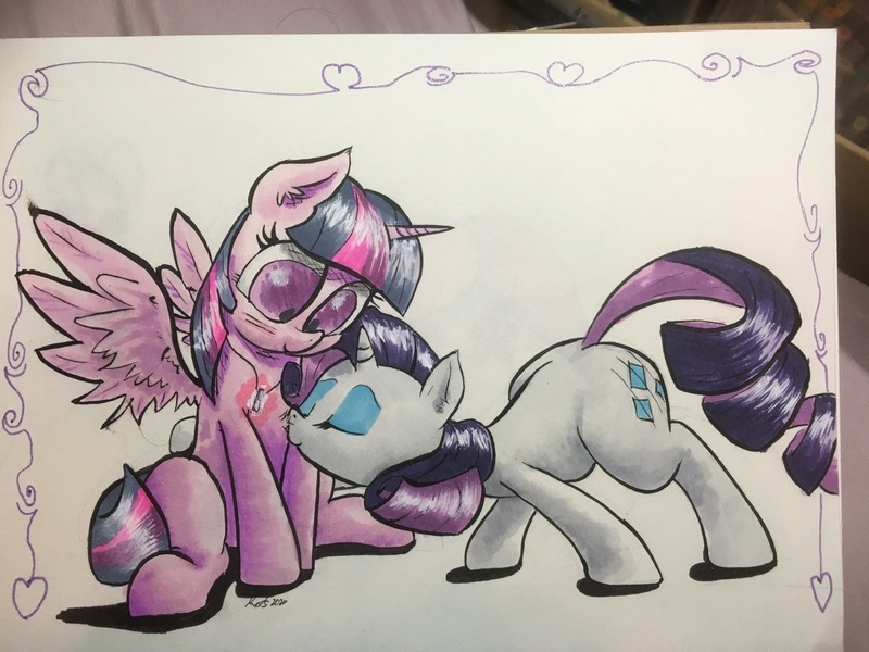 Size: 1280x960 | Tagged: safe, artist:kittyhawk-contrail, derpibooru import, rarity, twilight sparkle, twilight sparkle (alicorn), alicorn, pony, unicorn, fanfic:the enchanted kingdom, fanfic:the enchanted library, border, copic, cuddling, eyes closed, fanfic art, female, heart, jewelry, lesbian, necklace, nuzzling, photo, rarilight, scar, shipping, traditional art