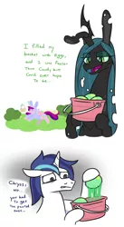 Size: 835x1523 | Tagged: safe, artist:jargon scott, derpibooru import, princess cadance, queen chrysalis, shining armor, alicorn, changeling, changeling queen, pony, unicorn, bunny ears, changeling egg, comic, disgusted, easter, easter egg, egg, female, holiday, implied oviposition
