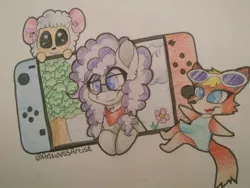 Size: 1024x768 | Tagged: safe, artist:anxioussartist, derpibooru import, oc, oc:cinnabyte, sheep, wolf, adorkable, animal crossing, animal crossing new horizon, bandana, cute, dork, flower, glasses, nintendo switch, smiling, switch, traditional art, tree, villagers