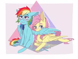Size: 2500x1900 | Tagged: safe, artist:silbersternenlicht, derpibooru import, fluttershy, rainbow dash, pegasus, pony, abstract background, blushing, digital art, female, flutterdash, grooming, lesbian, lip bite, mare, one wing out, preening, shipping, smiling, three quarter view, wings